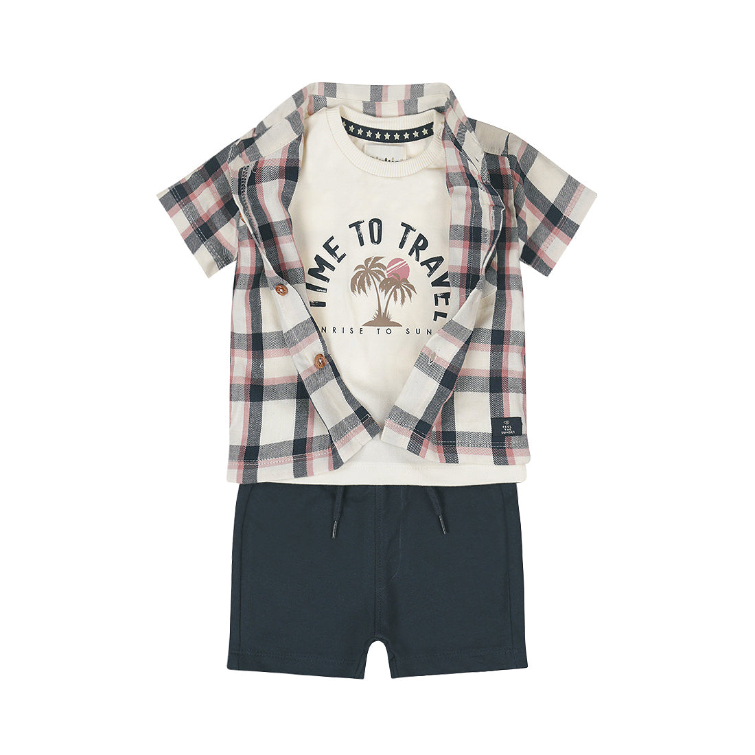 Conjunto 3 Piezas Camisa, Playera y Short de Algodón Time to Travel para Niño