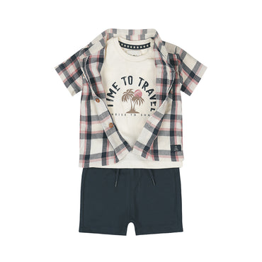 Conjunto 3 Piezas Camisa, Playera y Short de Algodón Time to Travel para Niño