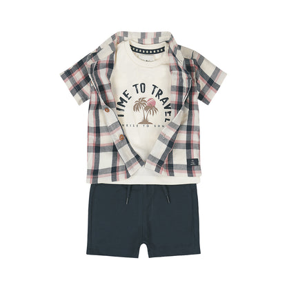 Conjunto 3 Piezas Camisa, Playera y Short de Algodón Time to Travel para Niño