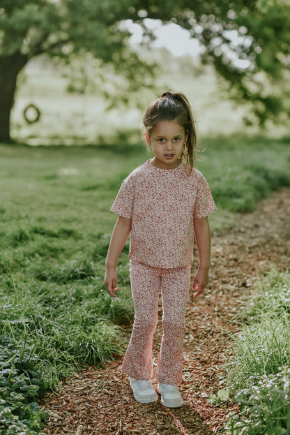 Legging Acampanado de Algodón con Flores Rosa y Naranja para Niña